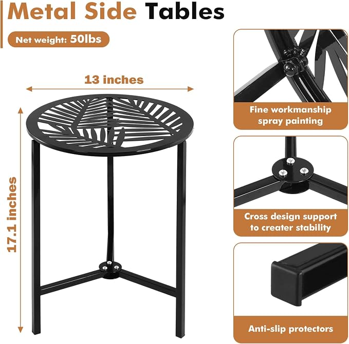 Party Zealot Set of 2 Small Round Metal Side Tables, 13-Inch Black Outdoor End - Image 3