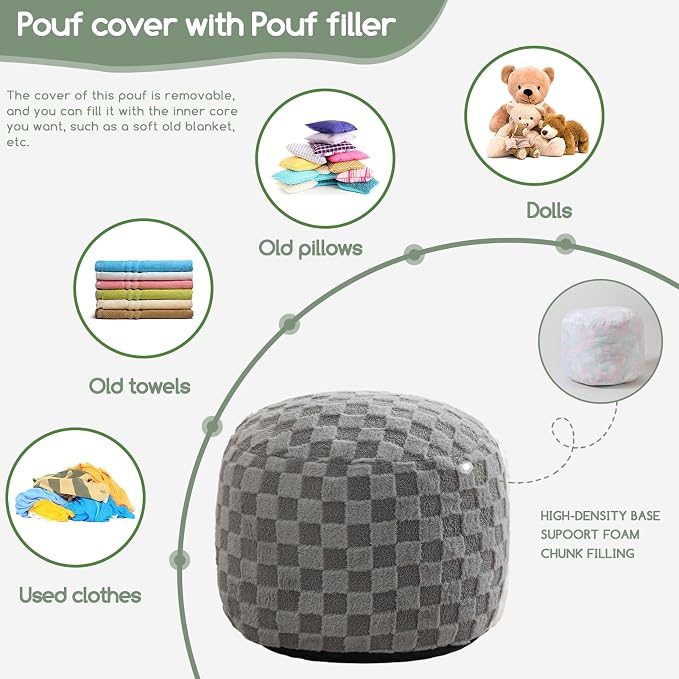 HIGOGOGO Round Stuffed Pouf Ottoman, Plaid Poufs - Image 3