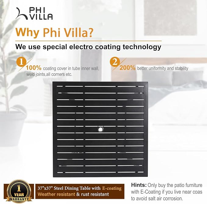 PHI VILLA 5-Piece Metal Patio Outdoor Table and Chairs Dining Set- 37" Square - Image 2