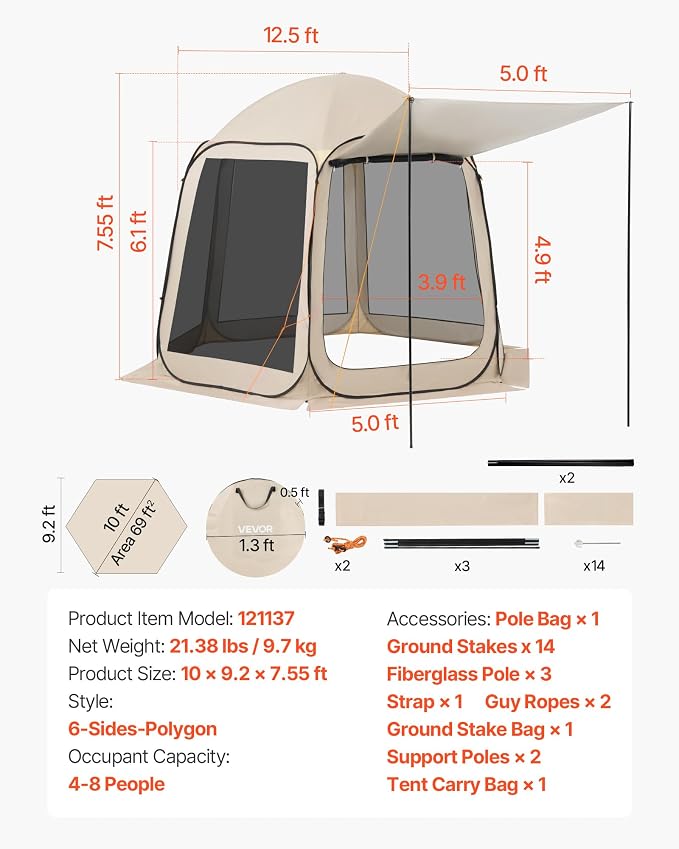 VEVOR 10 x 9.2' Pop-Up Screen House Tent - Image 7