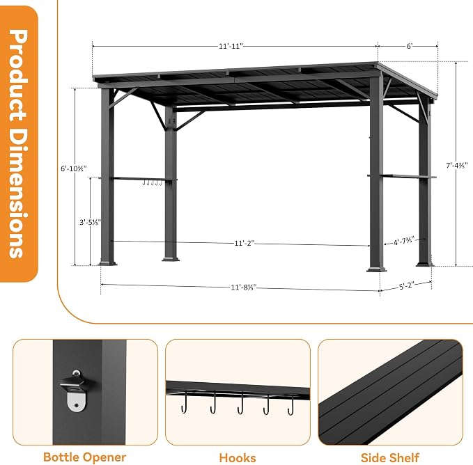 Hardtop Grill Gazebo 6'x12'with Side Shelf, Outdoor Gazebo - Image 3