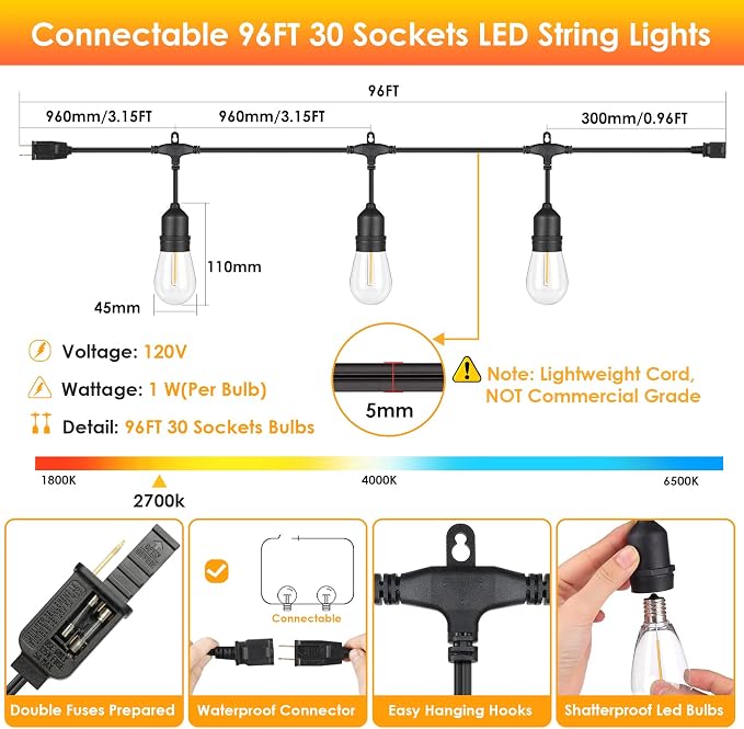 Mlambert 96FT LED Outdoor String Lights, Dimmable Waterproof Patio Lights - Image 4