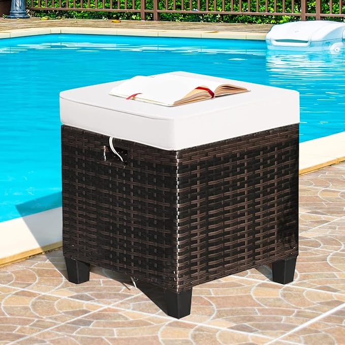 2PCS Patio Outdoor Ottomans, Rattan Wicker Ottoman Seat w/Removable Cushions - Image 8