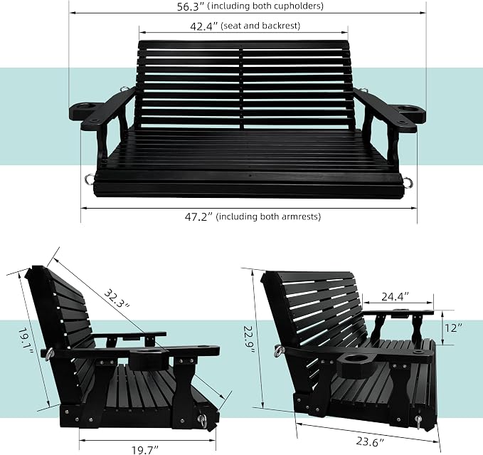 Wooden Porch Swing 2-Seater, High Backrest and Deep Seat, Bench Swing - Image 6