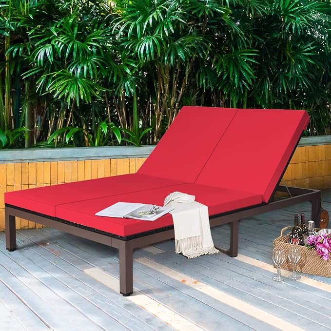 COSTWAY 2-Person Patio Rattan Lounge Chair Chaise Recliner Adjustable Cushion - Image 3