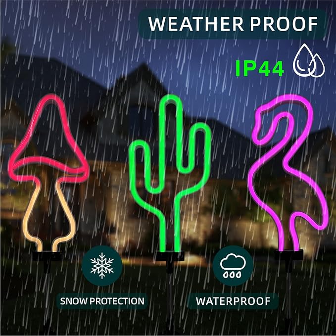 Flamingo Cactus and Mushroom Solar Garden Stake Lights Outdoor Waterproof Neon - Image 5