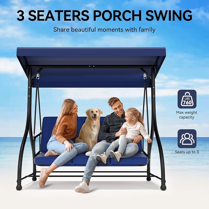 3-Seat Patio Swing Chair Outdoor Heavy Duty Steel Frame - Image 2