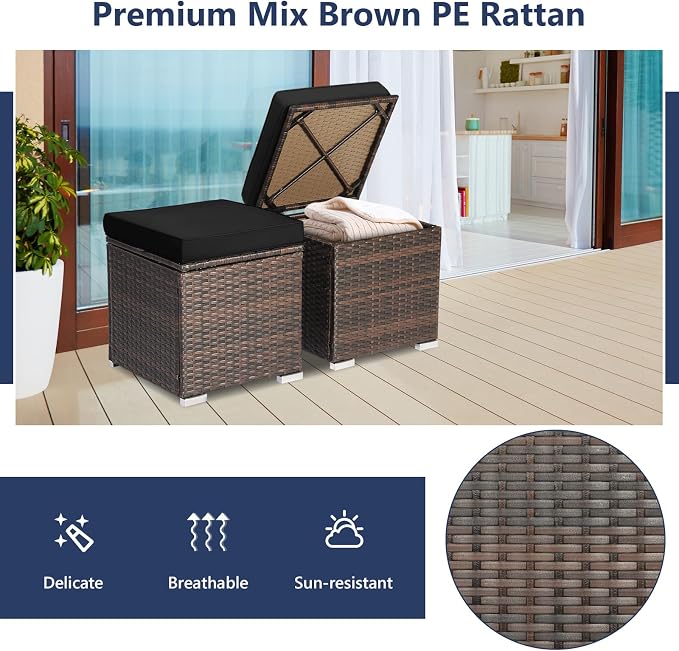 Tangkula 2 Pieces Patio Ottomans, Patiojoy Hand-Woven PE Rattan Side Table - Image 7