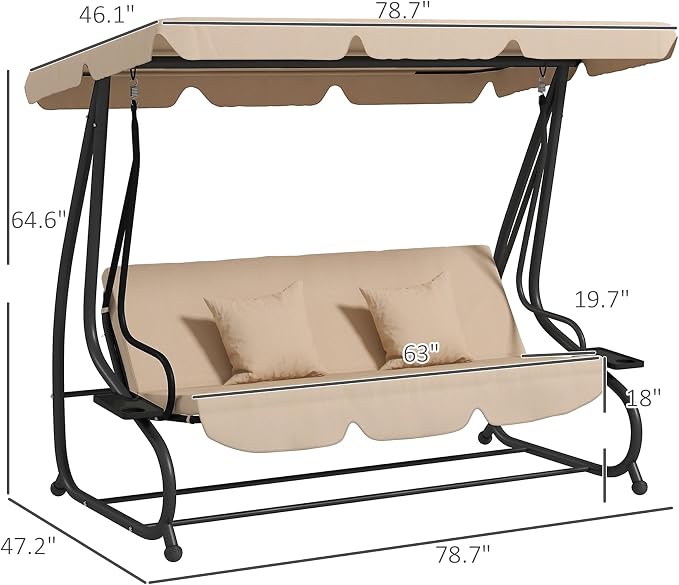 Outsunny 3-Seat Outdoor Patio Swing Chair, Converting Flatbed, Outdoor Swing - Image 7