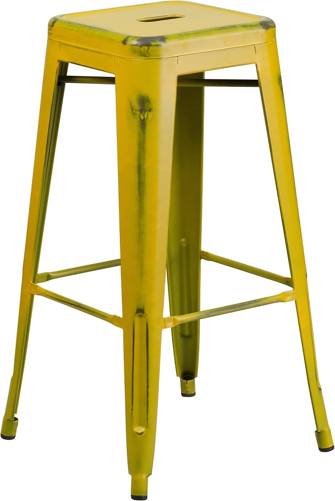 Flash Furniture Kai Commercial Grade 30" High Backless Distressed Yellow Metal - Image 4