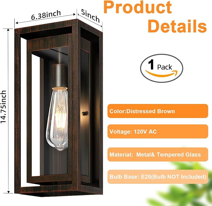 15" Large Outdoor Light Fixture Wall Mount, Distressed Brown Outdoor Sconce - Image 4