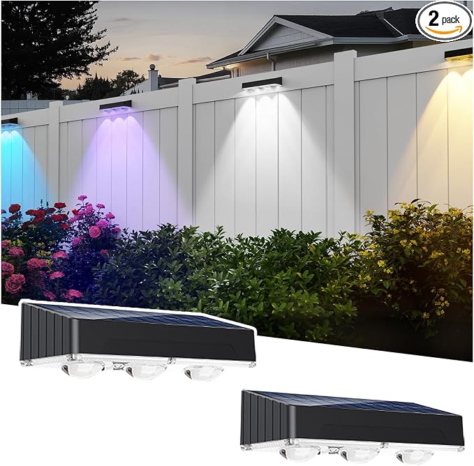 2 Pack Solar Fence Lights Outdoor, 3 Bulbs RGB Color Glow LED, 12 Modes RGB by ZSYIQIXI