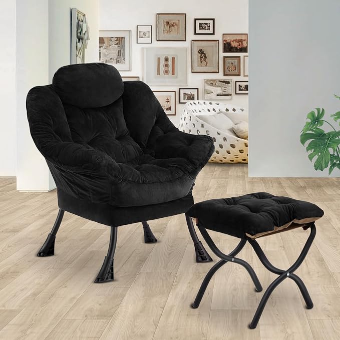 Lazy Chair with Folding Ottoman, Leisure Sofa Chair, Soft Fabric Armchair with - Image 2