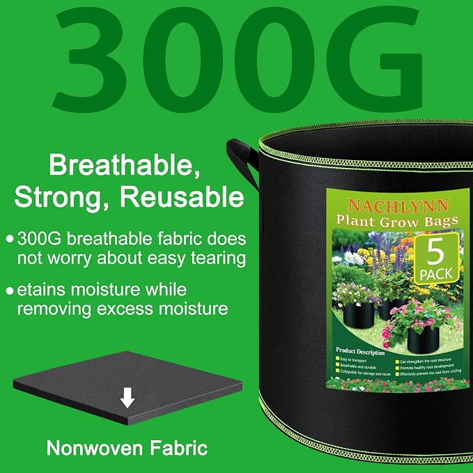 NACHLYNN 5-Pack 7 Gallon Grow Bags Thickened Nonwoven Fabric Pots - Image 4