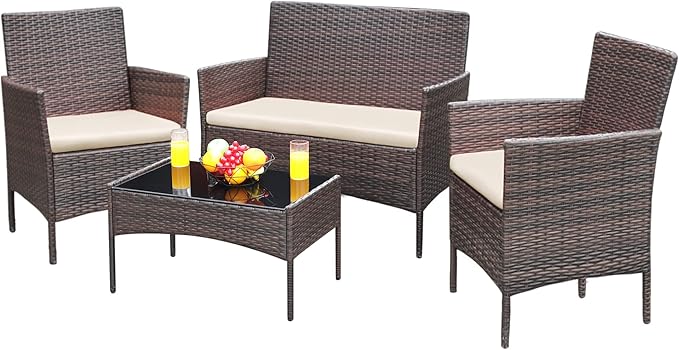 Greesum Patio Furniture 4 Pieces Conversation Sets Outdoor Wicker Rattan Chairs by BuynowfromGreesum