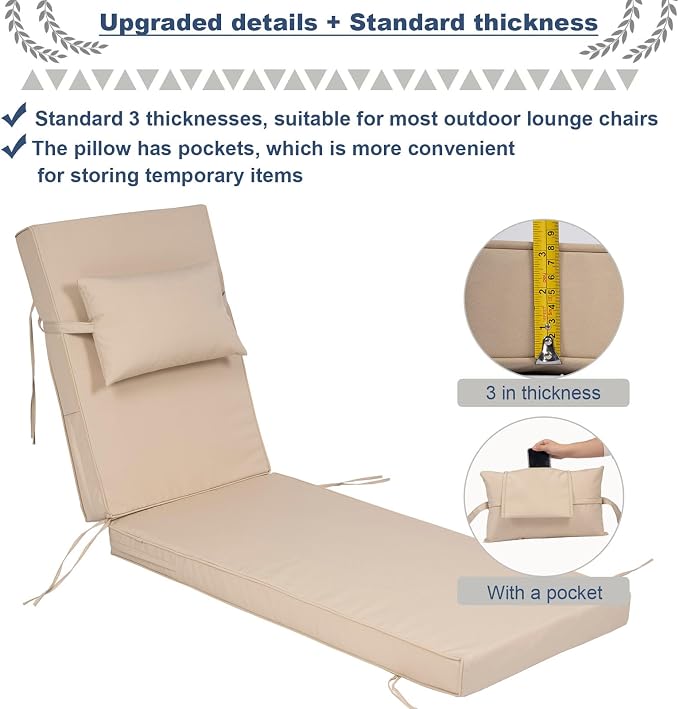 Outdoor Chaise Lounge Cushions Set of 2, Waterproof Fade Resistant Patio - Image 2