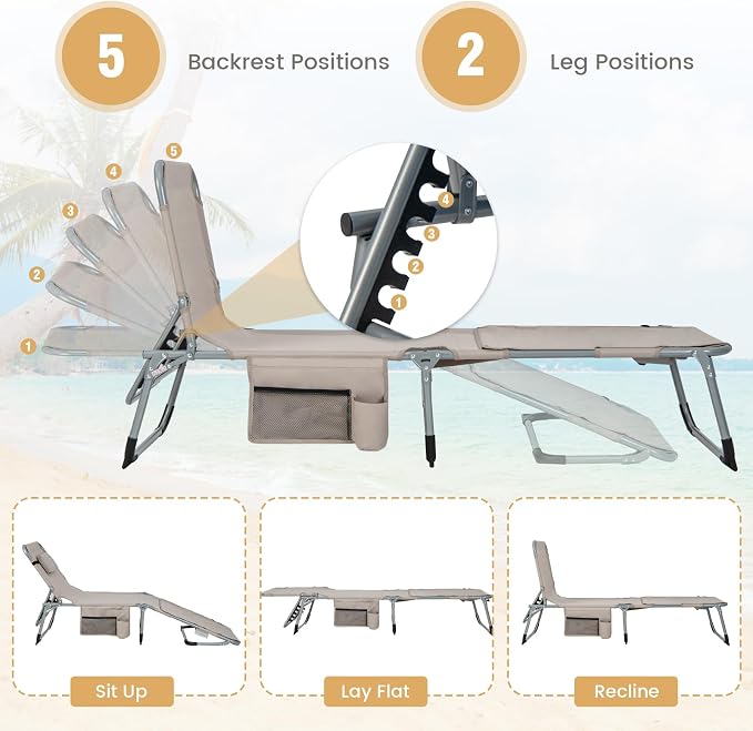 GYMAX Tanning Chair, 330LBS Beach Lounge Chair - Image 5