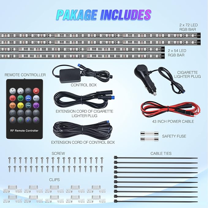 Nilight 4Pcs Car Underglow Neon Accent Strip Lights 252 LEDs RGB 8 Color Sound - Image 2