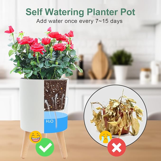 7.8 Inch Planter Pot with Solid Wood Legs, Self Watering Planter Pots with - Image 4
