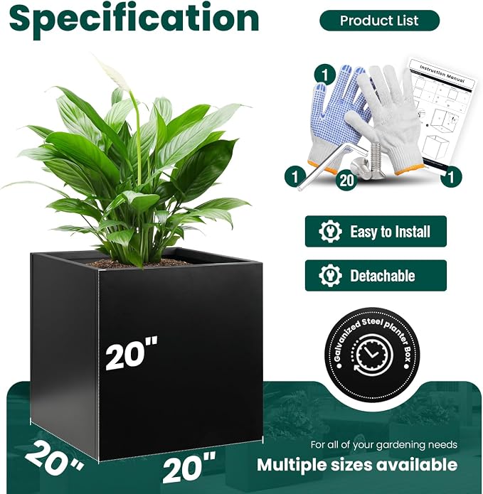 Galvanized Steel Planter Box Black Metal Planter 20Inch Large Square Indoor - Image 3