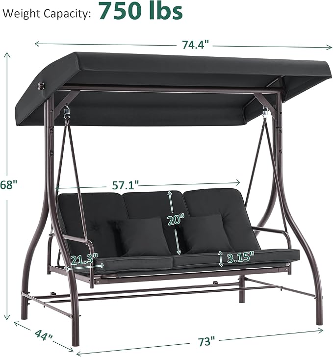 MCombo 3-Seat Outdoor Patio Swing Chair, 2-in-1 Convertible Porch Swing Glider - Image 5