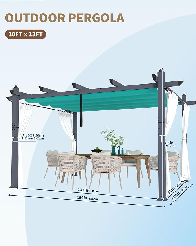 10x13 Ft Outdoor Pergola with Retractable Canopy & Side Mesh Screen Patio Gazebo - Image 6