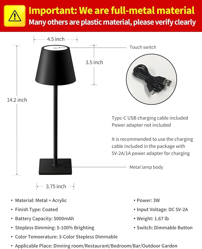 KDG Cordless Table Lamp, Portable LED Desk Lamp, 5000mAh Battery Operated - Image 5