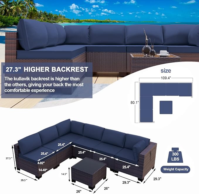 Kullavik 7 Pieces Outdoor Patio Furniture Set, Sectional Rattan Sofa Set Brown - Image 4