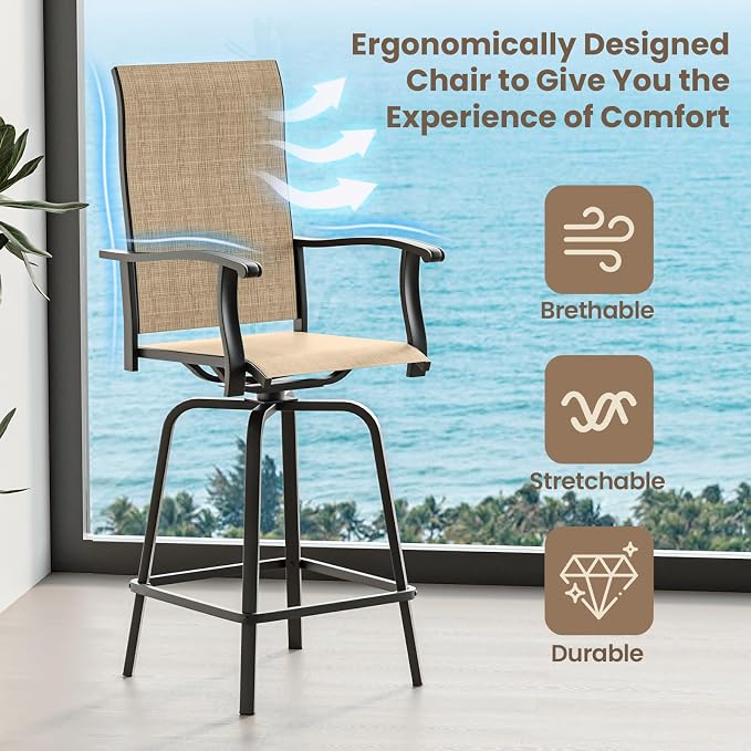 3-Piece Patio Bar Set with Textilene Swivel Bar Stools, All-Weather Bar Height - Image 3