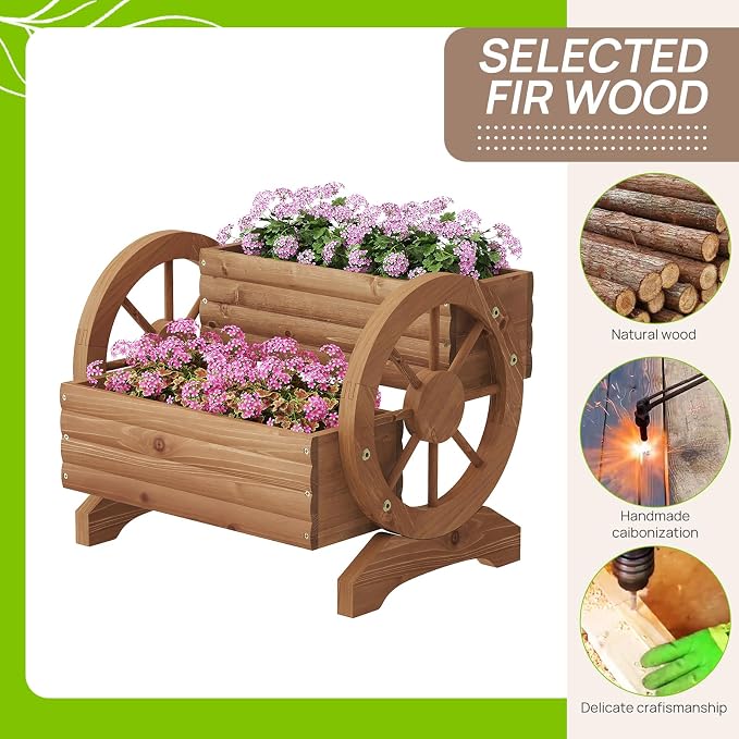 Wooden Wagon Planter Outdoor Flower Cart - Image 7