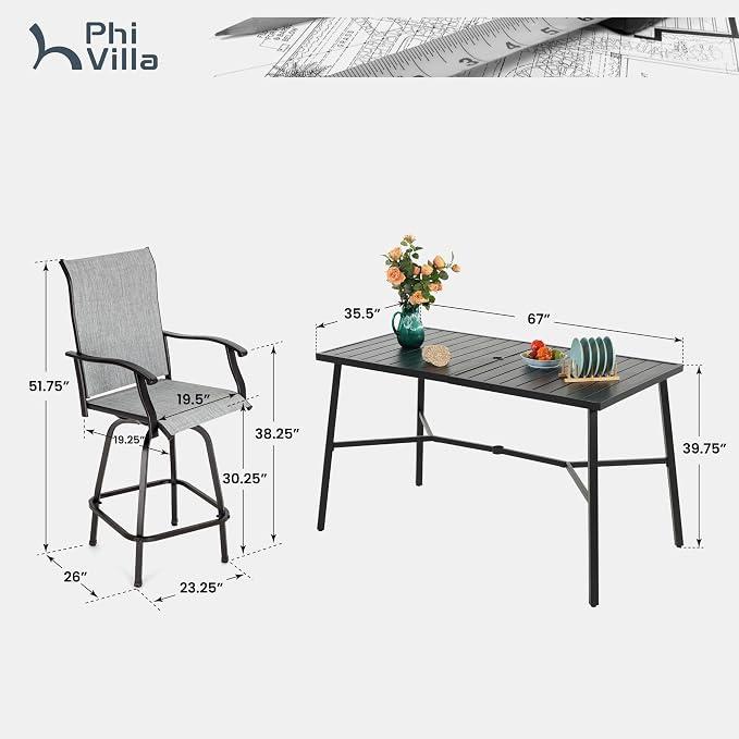 PHI VILLA 7 Piece High Top Patio Bar Set, Outdoor Bar Height Table and Chairs - Image 6