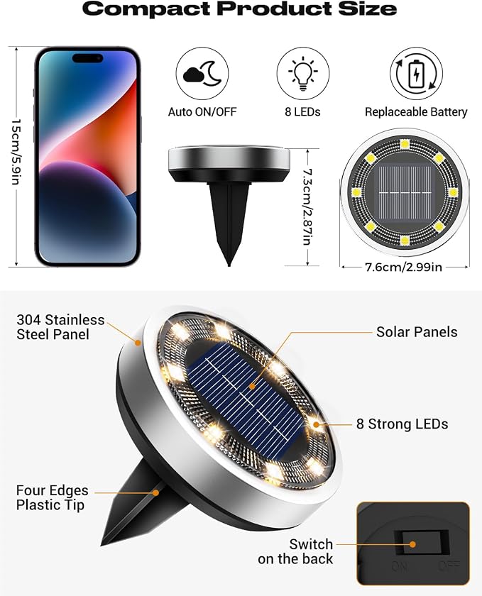 btfarm 10 Pack Solar Ground Lights Outdoor, 8 LED Solar Disc Lights IP65 - Image 6