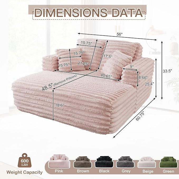 56" Oversized Chaise Lounge Chair Indoor, Plush Faux Fur Sleeper Sofa Couch Bed - Image 2