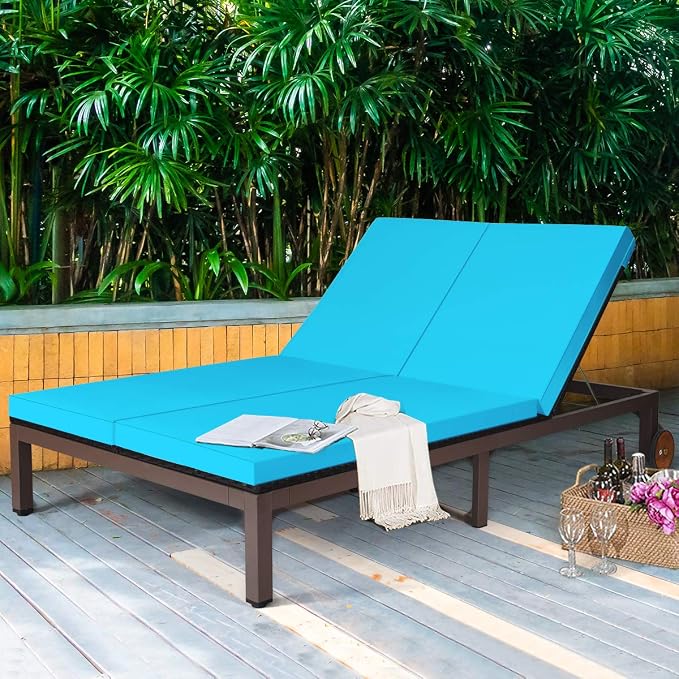 COSTWAY 2-Person Patio Rattan Lounge Chair Chaise Recliner Adjustable Cushion - Image 3