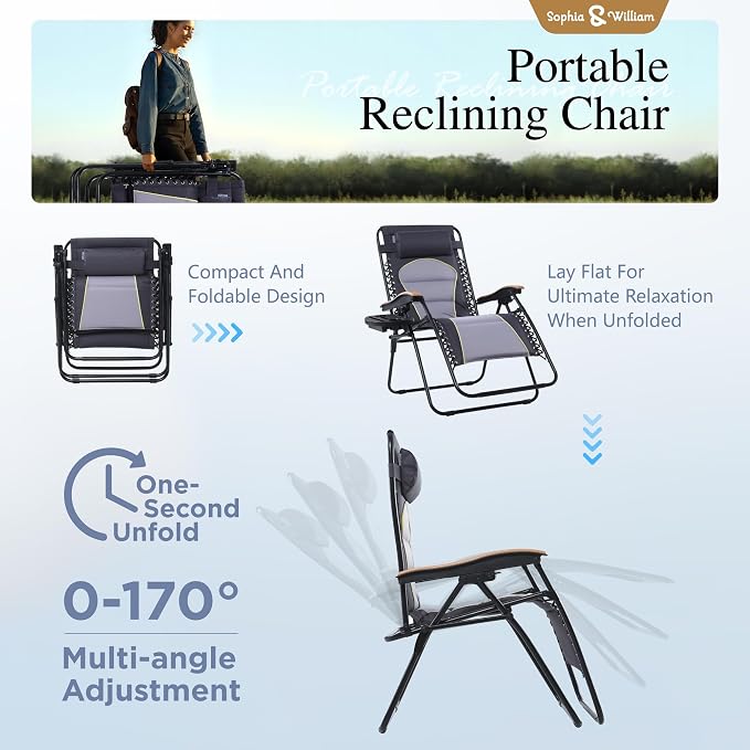 Sophia & William Oversized XXL Zero Gravity Chair Padded Folding Lounge Chair - Image 7