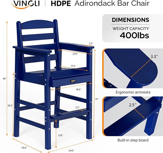 VINGLI Outdoor Bar Stools Set of 2, HDPE All-Weather Patio Bar Height Chairs - Image 3
