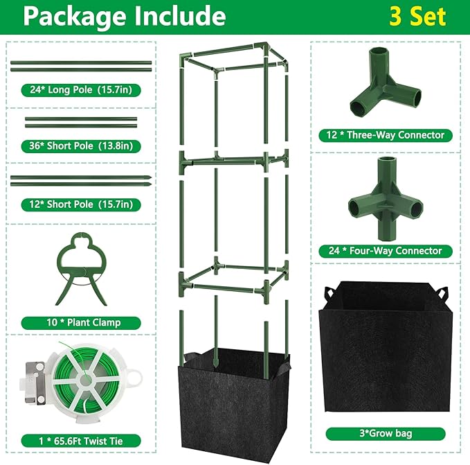3 Set Square Tomato Cages with 18 Gallon Grow Bags, Plant Support Tower Stakes - Image 6