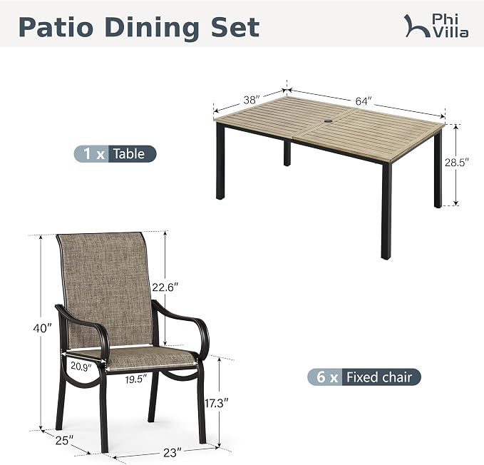 PHI VILLA Outdoor Dining Set for 6 Person, Wooden Texture Metal Table - Image 9