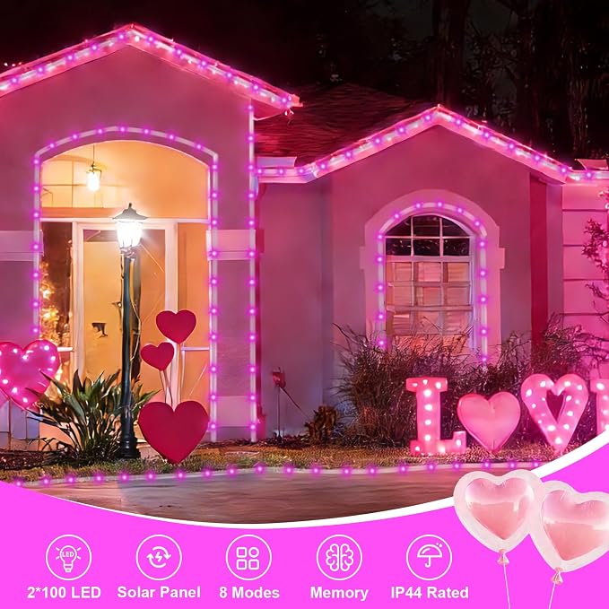 QITONG Pink Solar Rope Lights Outdoor, 2 Pack Each 33ft 100LED String Light - Image 2