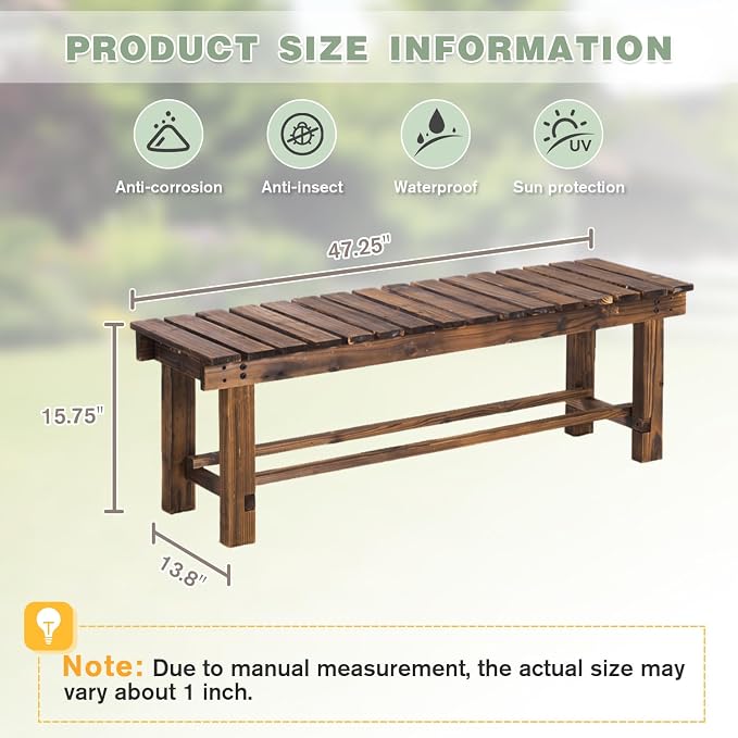Outdoor Garden Bench, 3-Person Wood Patio Bench Weatherproof Outdoor Backless - Image 2