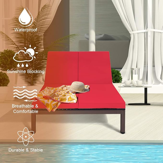 COSTWAY 2-Person Patio Rattan Lounge Chair Chaise Recliner Adjustable Cushion - Image 6