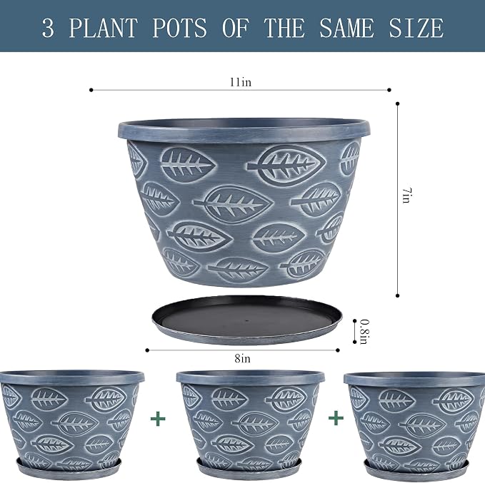 Outdoor Flower Pots for Plants Set of 3 Pack 11 Inch Planter Pot, Large Plastic - Image 2
