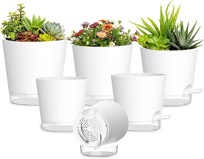 Plant Pots 4/5/5.5/6/6.5/7 Inch Self Watering Pots, 6 Pack Plastic Planters by SQKH