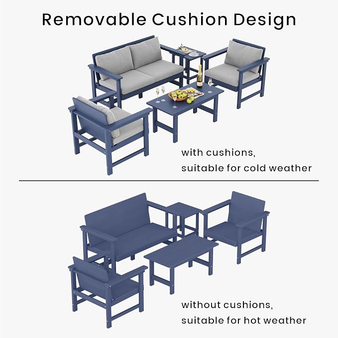 5-Piece Patio Conversation Sets, Weatherproof HDPE Sectional Furniture Set - Image 4