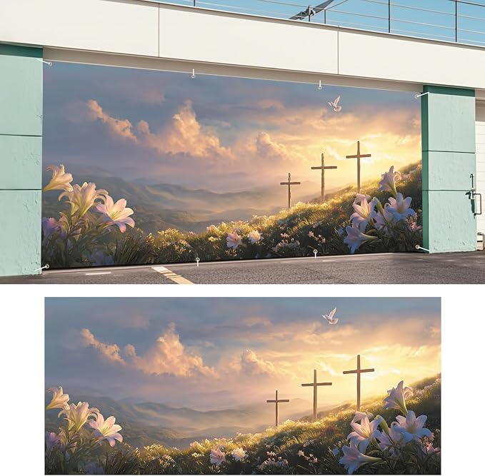 ANNA QUEEN Easter Cross Garage Door Banner 6x13FT, Sunrise Mountain Crosses - Image 6
