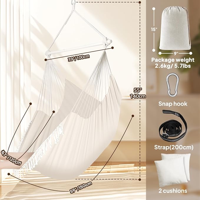 Chihee Hammock Chair 4.9ft x 3.9ft Max 500 Lbs Widen Hanging Swing 2 Cushions - Image 4