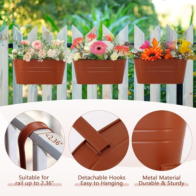 3 Pack Metal Railing Planters, 10.5" Oval Hanging Flower Pots - Image 4