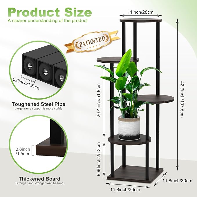 5 Tier Wood Tall Plant Stand Metal Rack Indoor, Round Planter Shelf Display - Image 2