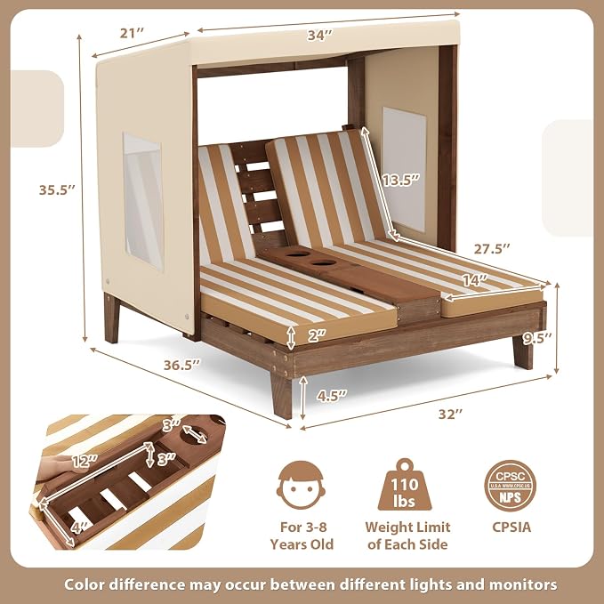 Costzon Kids Lounge Chair Outdoor, Wood Double Seat Chaise Lounge - Image 7