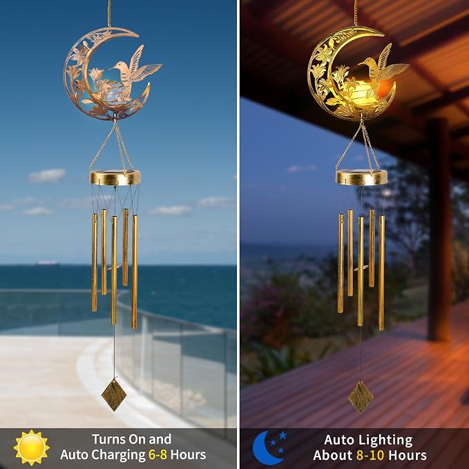 Moon Hummingbird Wind Chime Outdoor, Handcrafted Metal Garden Wind Chimes - Image 4